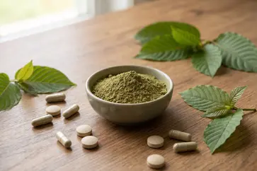 Kratom powder with capsules and tablets on a table