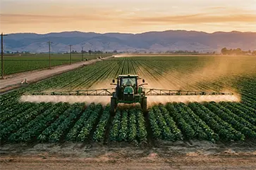 Tractor spraying pesticide on California crops